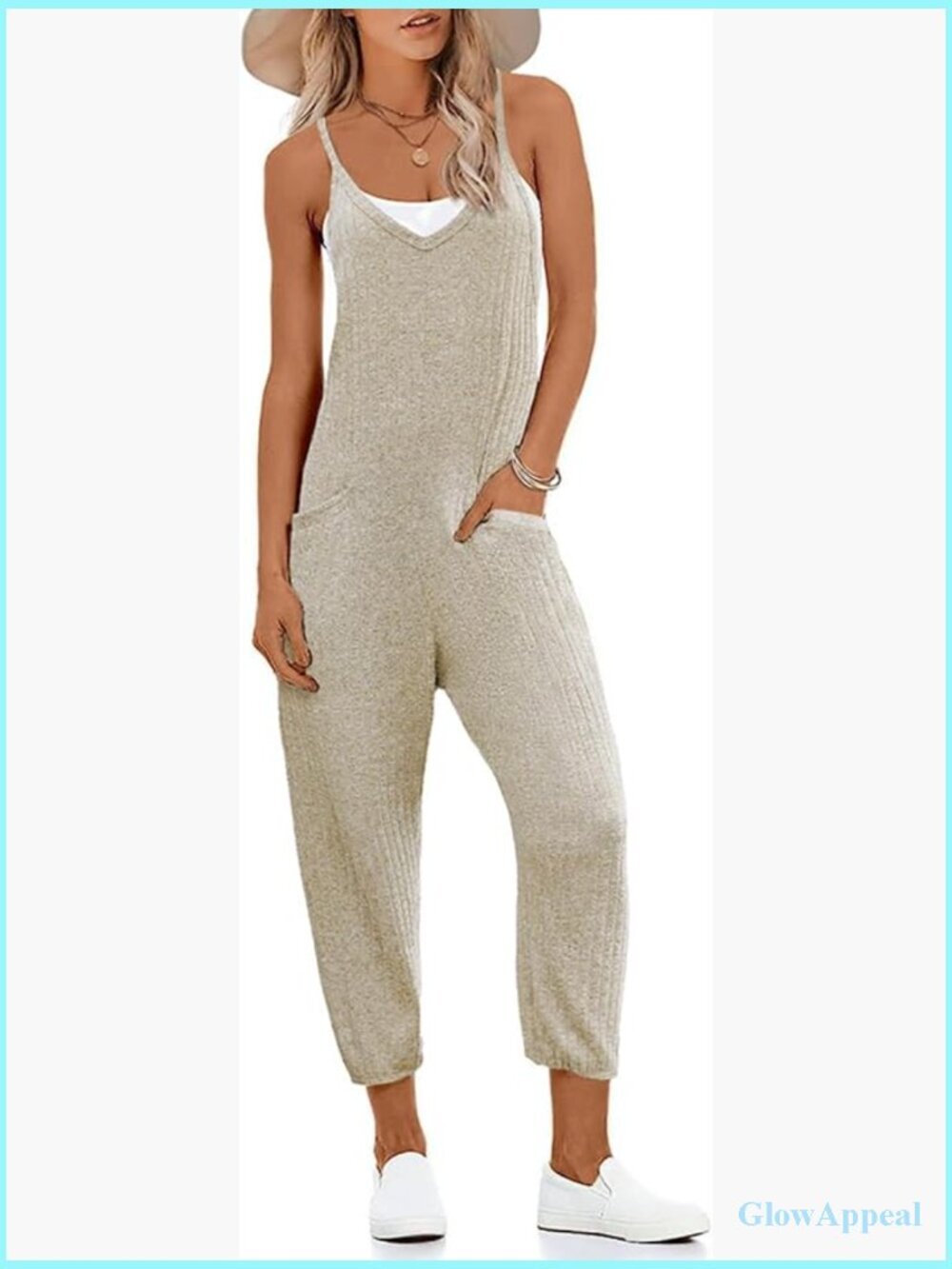 Ribbed Sleeveless V-Neck Jumpsuit with Pockets